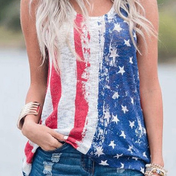 Tops - Round Neck Striped Stars Print Sleeveless …